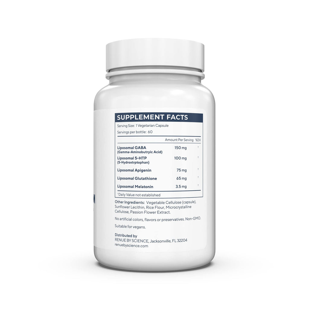 Renue By Science Restore PM | Liposomal Melatonin GABA Supplements | 60 Capsules with Melatonin (3.5mg) 5HTP (100mg) Glutathione (65mg) Apigenin (75mg) GABA (150mg) - Non-GMO | Made in The USA Renue By Science Au supplements