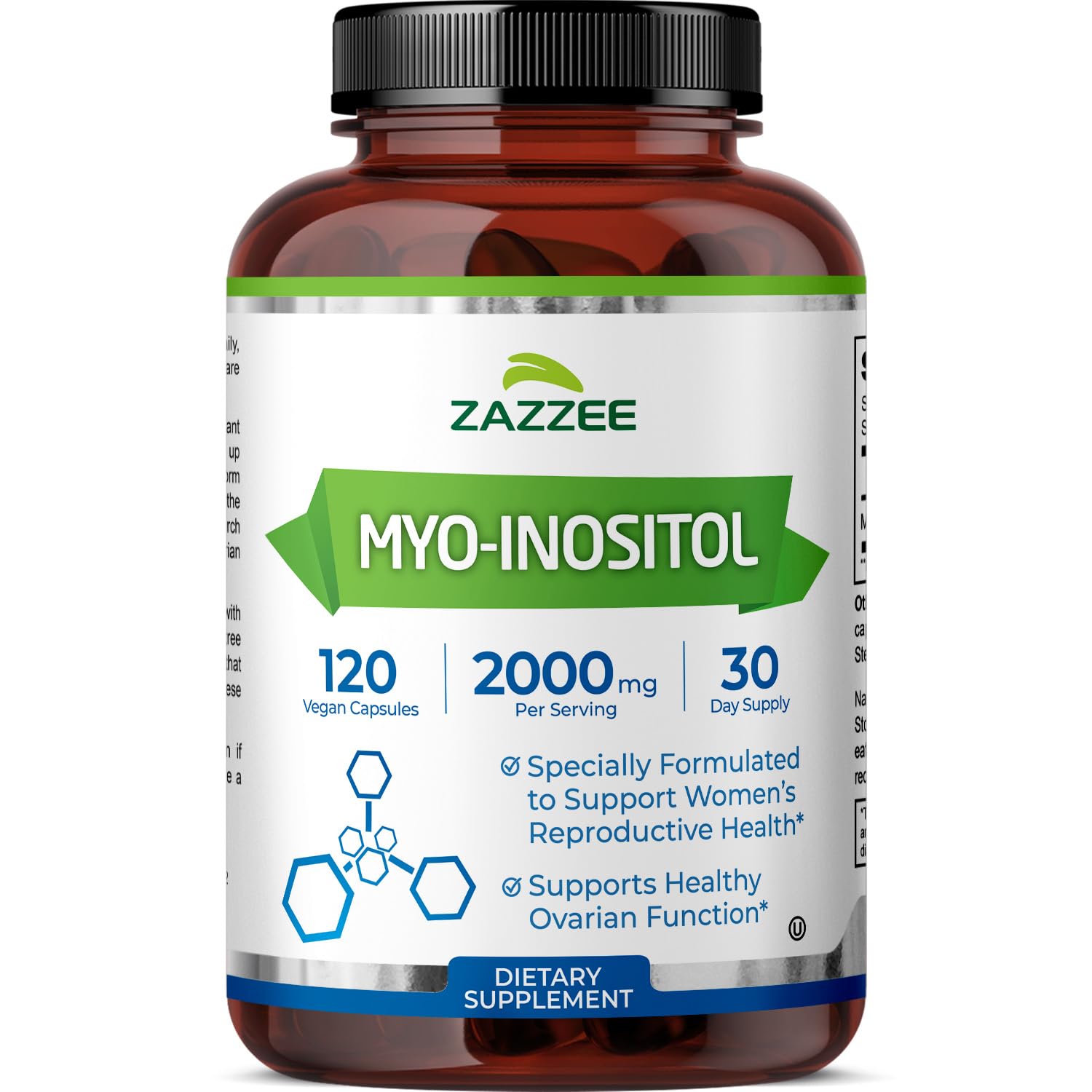 Zazzee Myo-Inositol Capsules, 2000 mg per Serving, 120 Vegan Capsules, Ideal Dosage for 40:1 Ratio, Certified Kosher, Hormone Balance & Healthy Ovarian