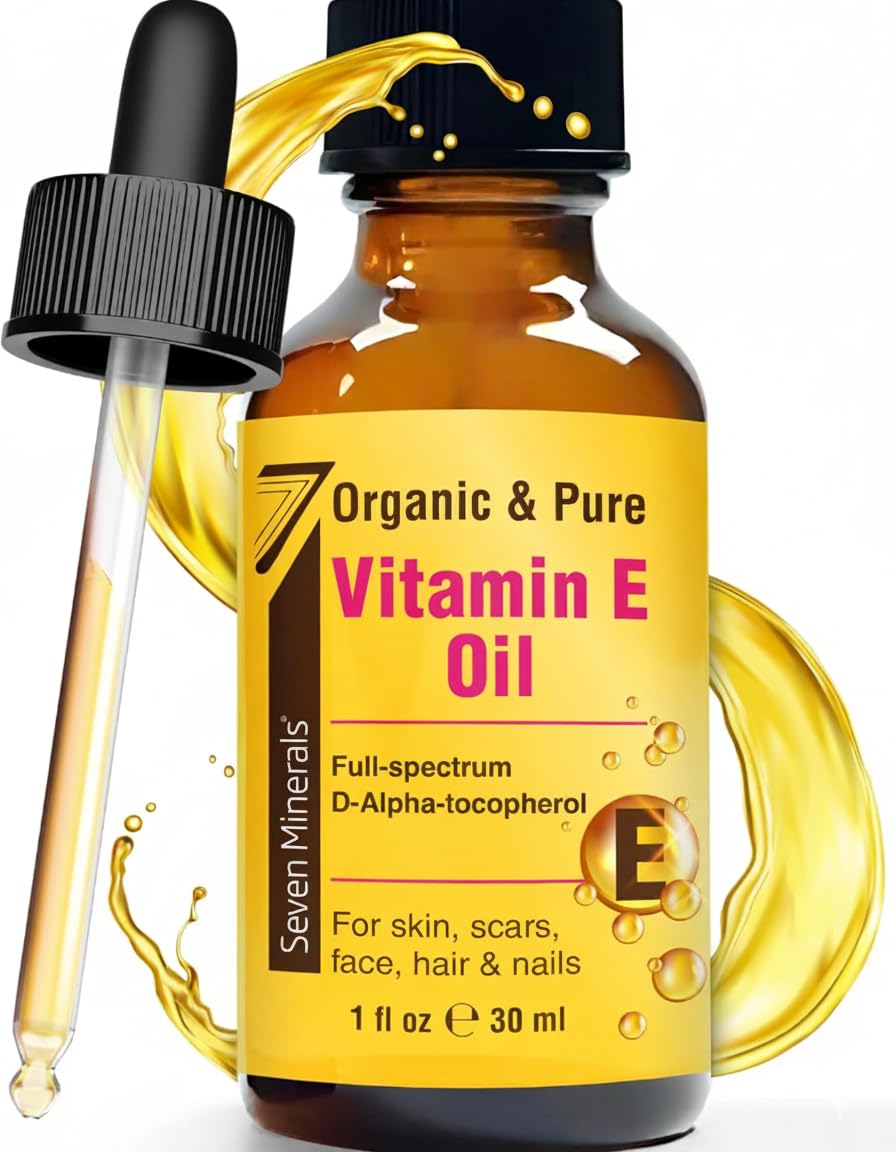 Seven Minerals Ultra Pure Vitamin E Oil - Full-Spectrum D-Alpha Tocopherol, 1 Fl Oz - 100% Organic Vitamin E Oil for Skin