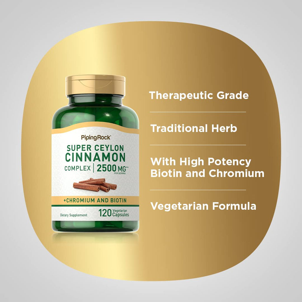 Piping Rock Ceylon Cinnamon Capsules | 120 Pills | Complex Supplement with Chromium and Biotin | Vegetarian, Non-GMO, Gluten Free
