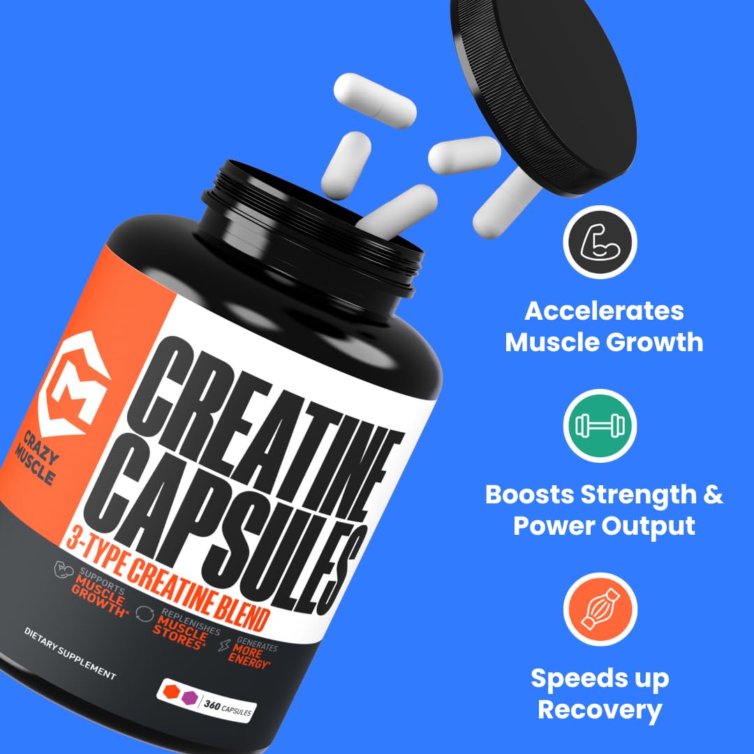 Creatine Capsules, 5g Premium 3X ThreeAtine Pre Workout Bulk Muscle Mass Gainer, High Absorption Easy to Take Creatine Monohydrate Pills Alternative Optimum Performance for Men Women, 180 Capsules Crazy Muscle Au supplements