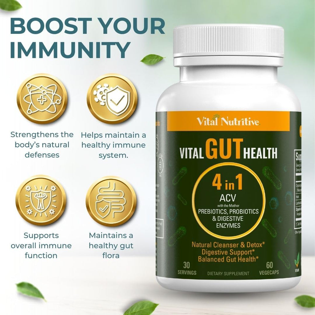 Vital Gut Health 4in1 Formula with Apple Cider Vinegar, Prebiotics & Probiotics, Digestive Enzymes for Strong Immunity Support