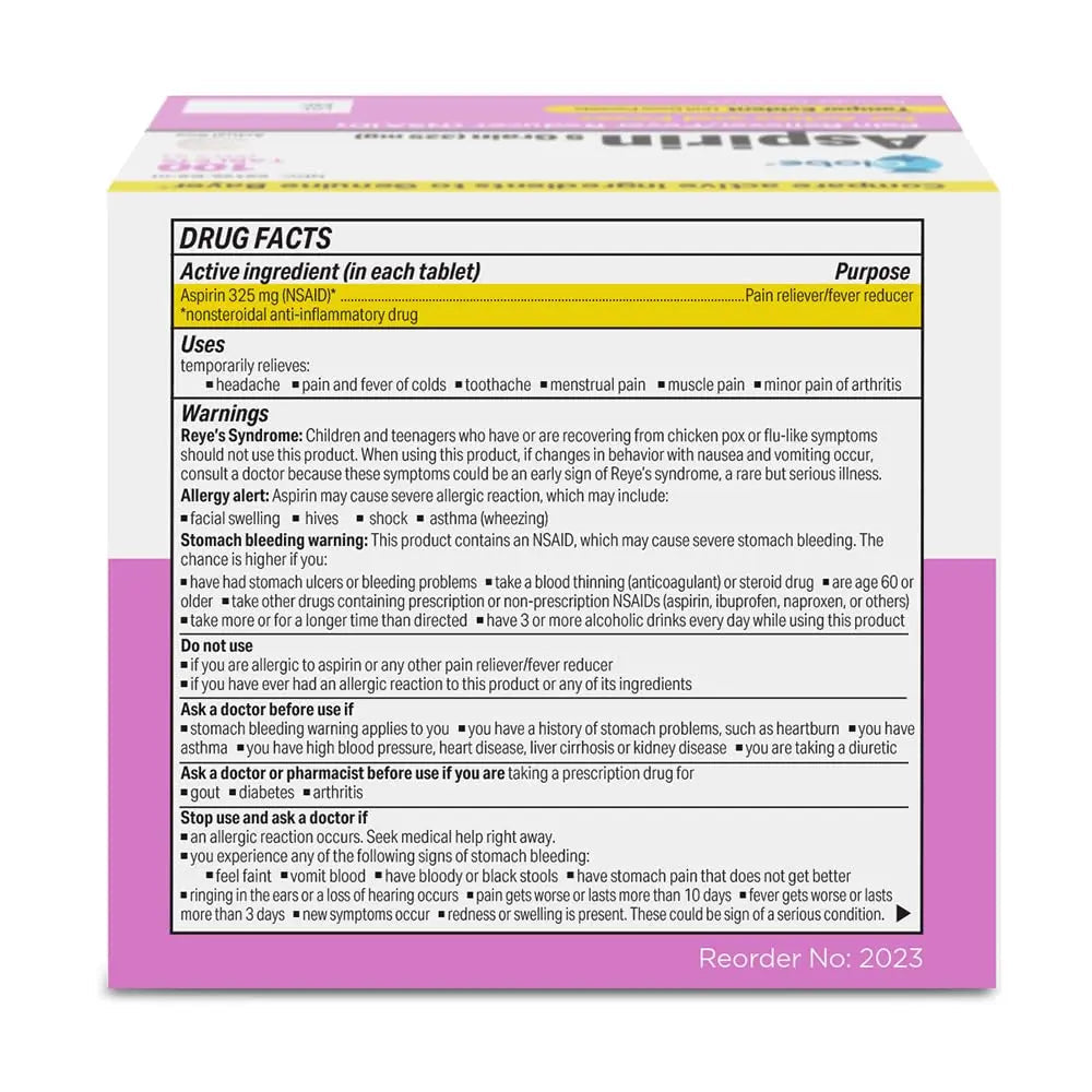 Globe Aspirin Tablets, 325 mg - 100 Count, Single Use Packets, NSAID Pain Relief, Pain Reliever & Fever Reducer, Arthritis Pain Relief, Headache Relief, Migraine Medicine Aspirin Pain Reliever. Globe Au supplements