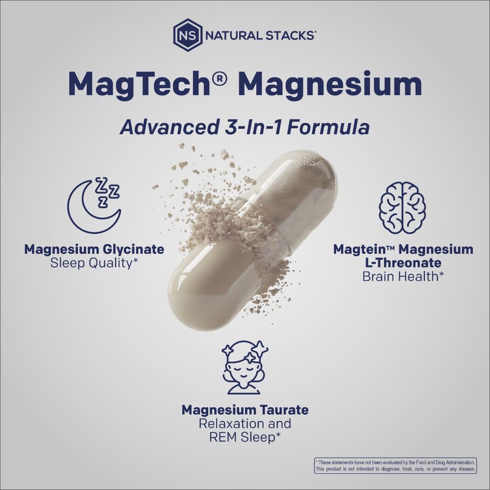 Magtein Magnesium L-Threonate, Glycinate & Taurate – 200mg Chelated Magnesium Complex – MagTech Magnesium Supplement for Relaxation & Brain Health – 90 Capsules NATURAL STACKS Au supplements