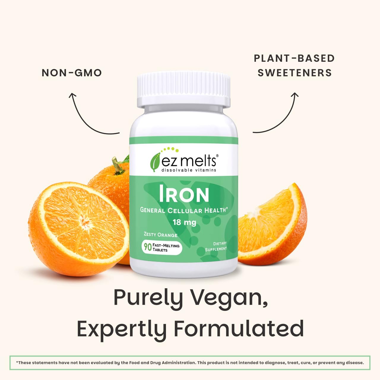 EZ Melts Iron - Supplement for Daily Energy & Iron Support - with Vitamin C - No Artificial Flavors - Non-GMO & Vegan - Zesty Orange