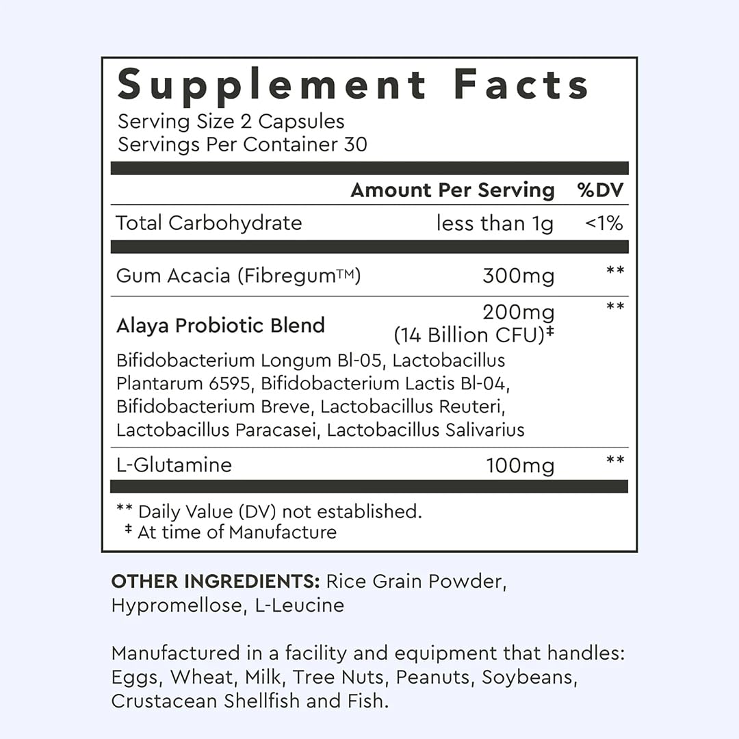 Alaya Naturals Advanced Synbiotic - Probiotic + Prebiotic - 14 Billion CFU Delayed Release Probiotic Supplement with Prebiotics from Sunfiber®, and L-glutamine for Gut Lining Integrity - 60 Capsules