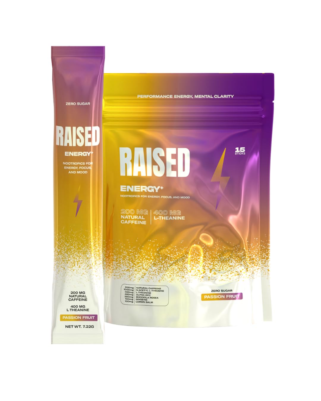 Raised Energy+ Nootropic Drink Mix | 200mg Natural Caffeine + L-Theanine | Zero Sugar | Clean Energy Powder for Focus, Mood & Motivation | 15 Stick Packs | Passion Fruit Flavor Raised Au supplements
