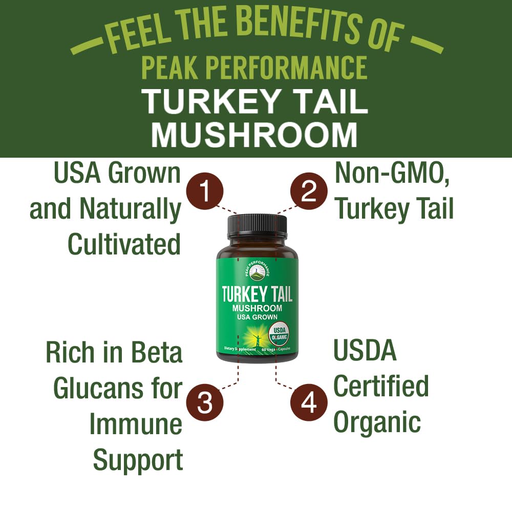 Peak Performance Organic Turkey Tail Capsules - USA Grown Made with Real Turkey Tail Mushroom. Immune System Support Naturally Harvested Mushroom Supplements for Immunity. Vegan Supplement Extract Peak Performance Au supplements