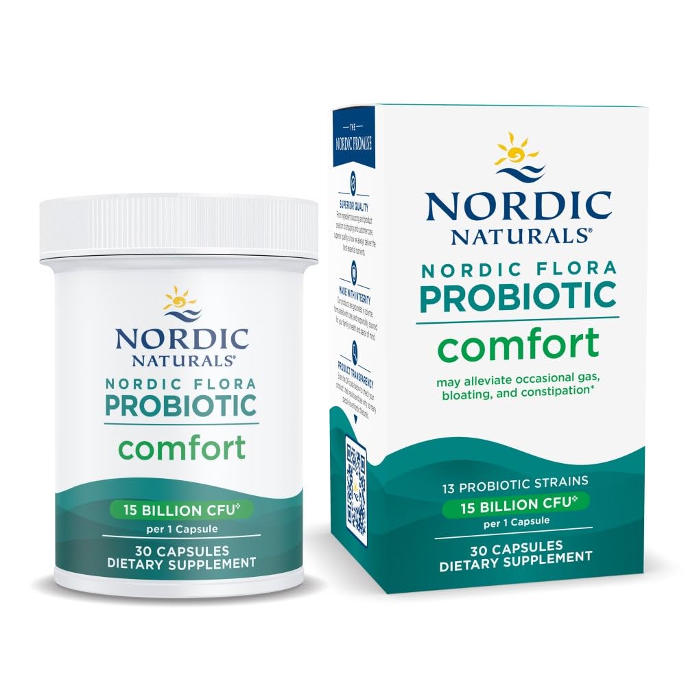 Nordic Naturals Nordic Flora Probiotic Comfort - 30 Capsules - 13 Probiotic Strains w/ 15 Billion Cultures - Supports Regularity & Digestive Comfort, Alleviates Bloating