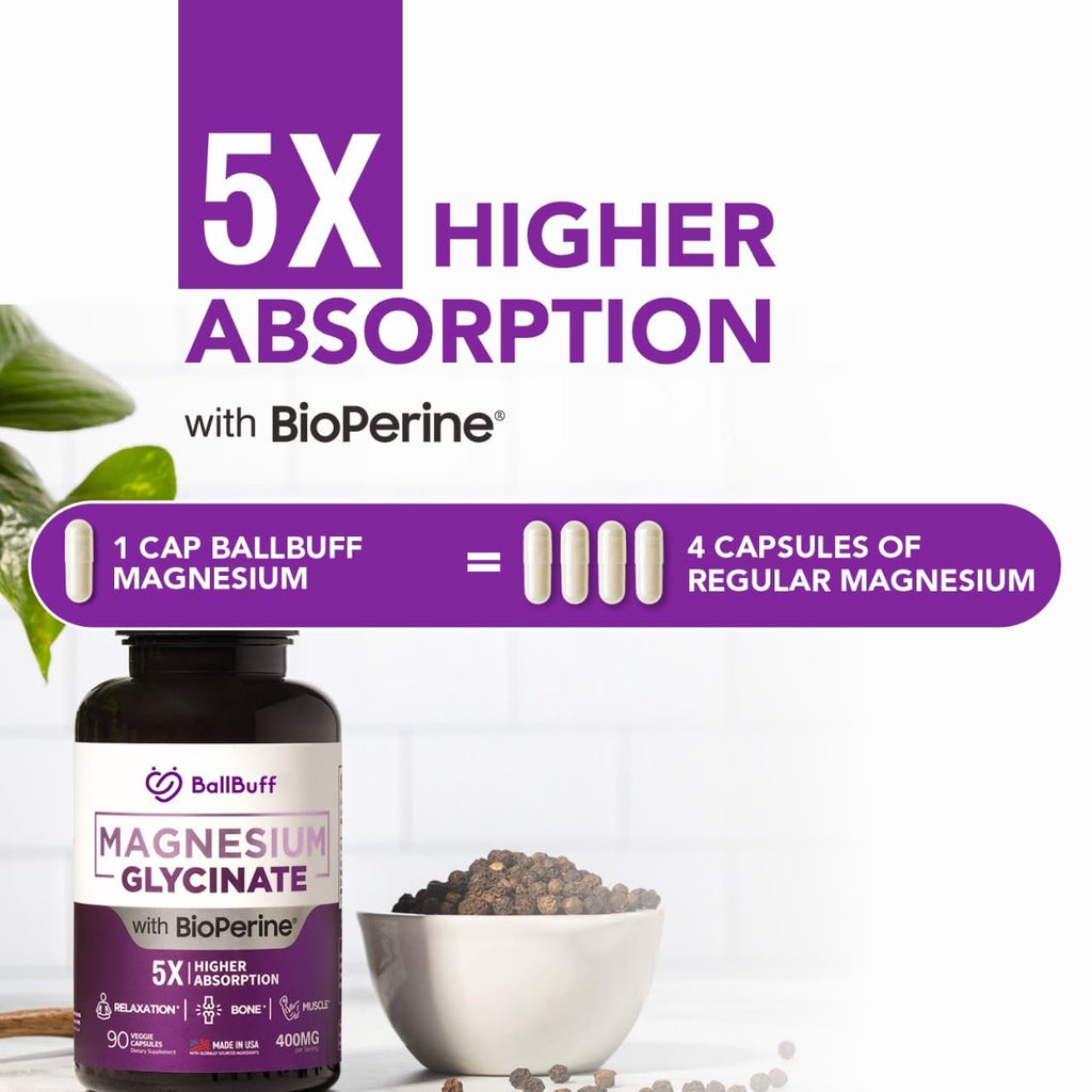 Pure Magnesium Glycinate 400mg - 5X Higher Absorption - Support Stress Relief, Sleep, Bone Health - 100% Chelated - Pure Magnesium Supplement