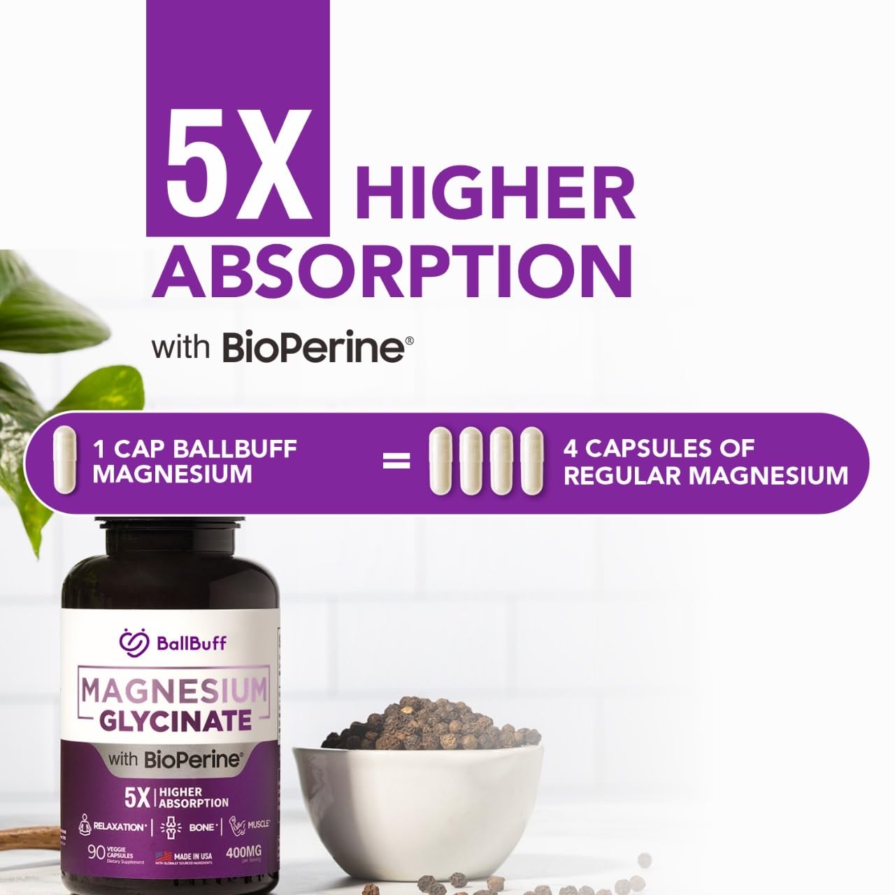 Pure Magnesium Glycinate 400mg - 5X Higher Absorption - Support Stress Relief, Sleep, Bone Health - 100% Chelated - Pure Magnesium Supplement