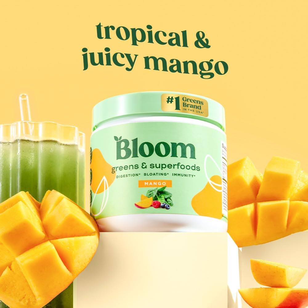 Bloom Nutrition Superfood Greens Powder, Digestive Enzymes with Probiotics and Prebiotics, Gut Health, Bloating Relief for Women, Chlorella, Green Juice Mix with Beet Root Powder, 30 SVG, Mango Bloom Nutrition Au supplements