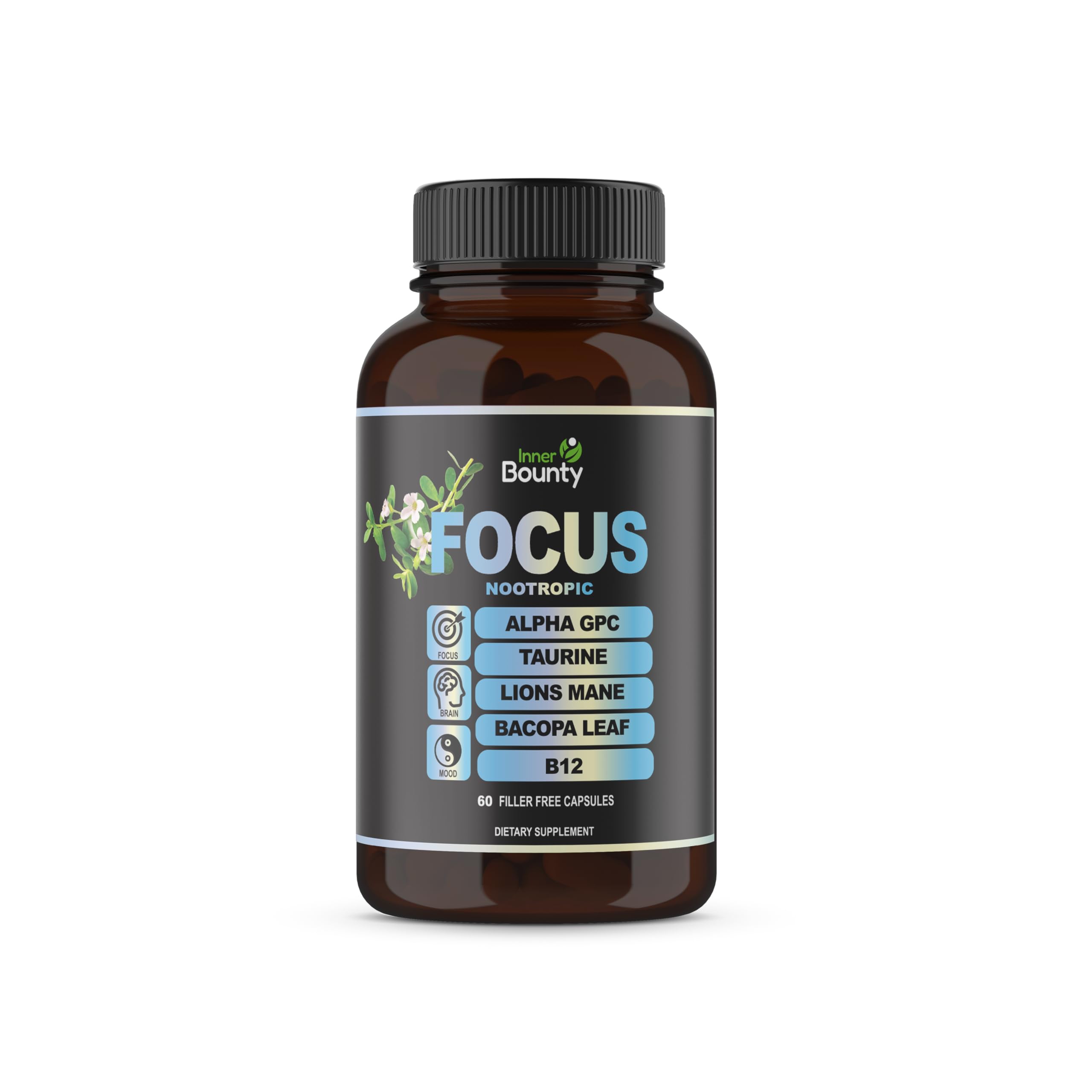 Inner Bounty Focus 14-in-1 Nootropic Brain Supplement with Lions Mane, Alpha GPC Choline, Vitamin C & B12, Taurine, Bacopa - Energy, Cognitive, Memory Support, 60 Filler Free Capsules Inner Bounty Au supplements