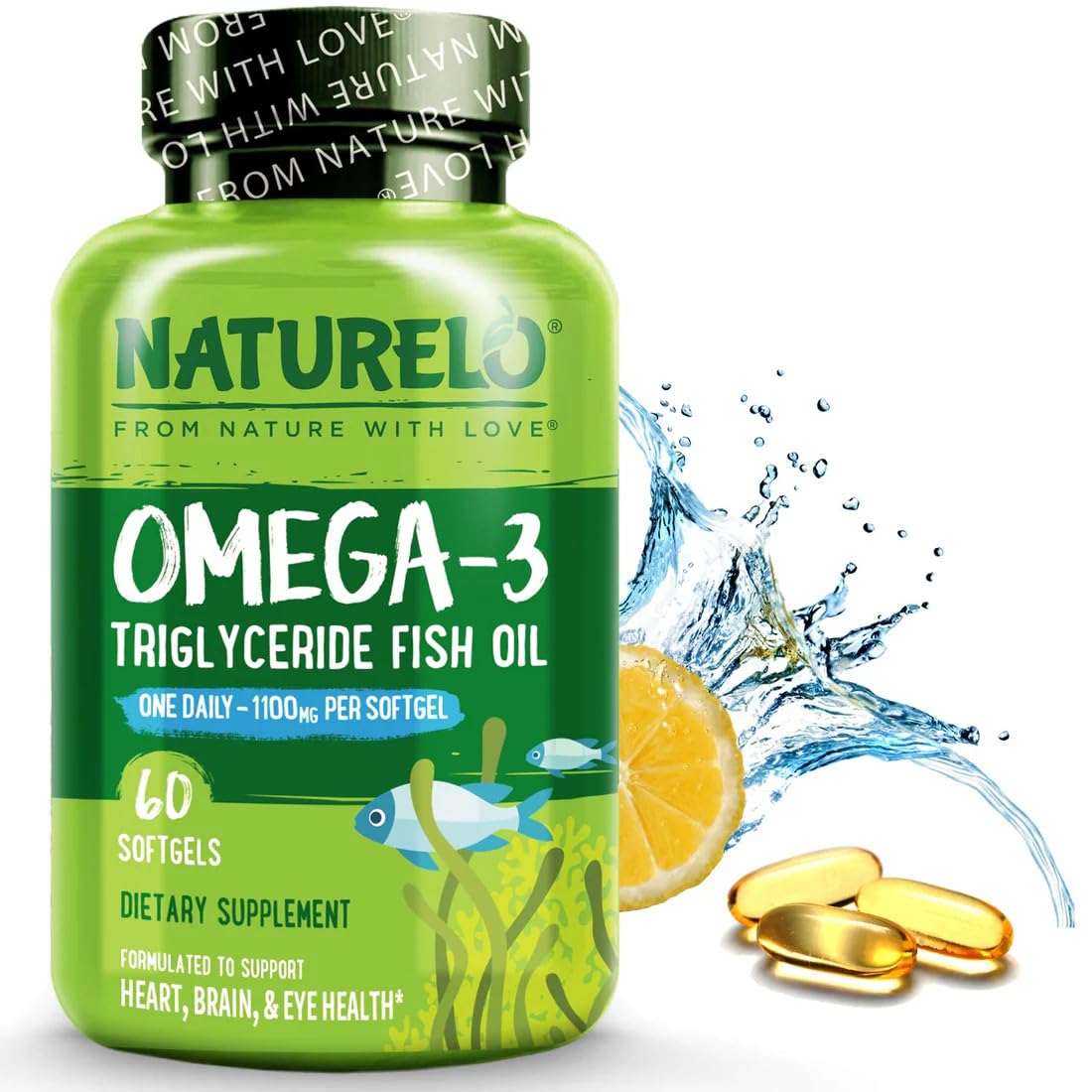 NATURELO Burpless Omega 3 Fish Oil Supplement - 1100mg Triglyceride Omega-3, EPA + DHA, Liquid Fish Oil for Heart, Eye, Brain, Joint Health