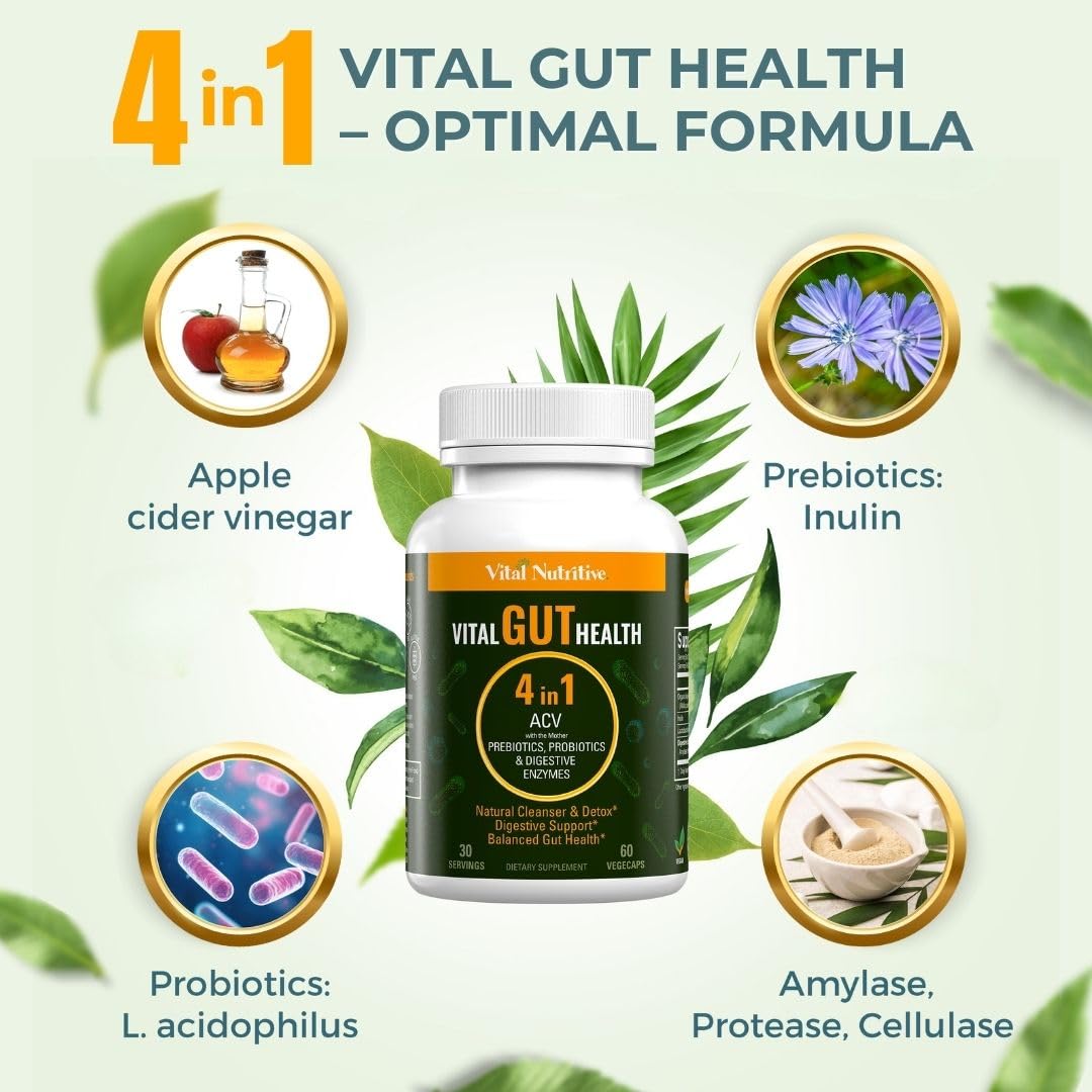Vital Gut Health 4in1 Formula with Apple Cider Vinegar, Prebiotics & Probiotics, Digestive Enzymes for Strong Immunity Support