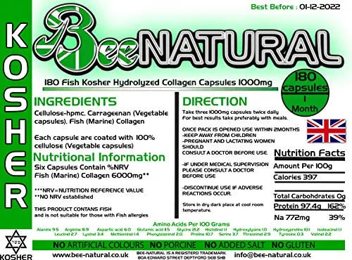 Bee-natural Kosher Pure Marine Hydrolyzed Collagen 1000mg 180 Capsules Bee-natural Au supplements