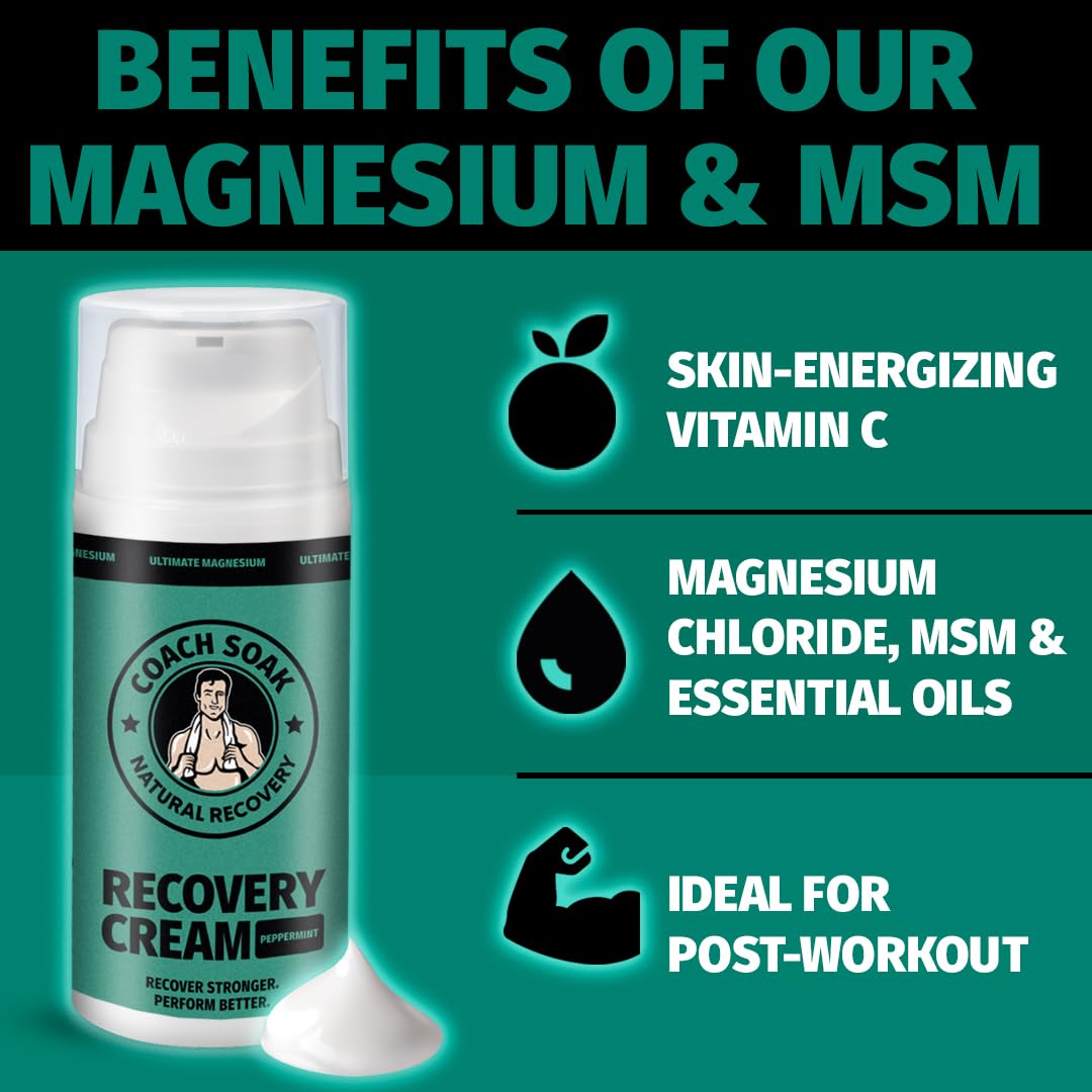 Coach Soak Magnesium Cream with MSM in Pump Bottle - Natural Recovery Cream with Magnesium Chloride & Menthol - Fast-Absorbing for Muscles & Joints, Cooling Menthol, 3.4oz Coach Soak Au supplements