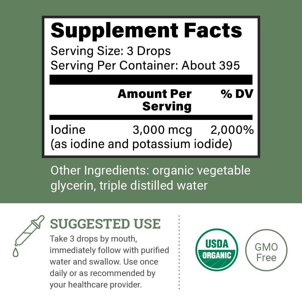 Organic Lugol's Iodine, Iodine and Potassium Iodide 2% Solution 3000 mcg - Liquid Supplement Drops for Thyroid Support for Women & Men, Metabolism Health