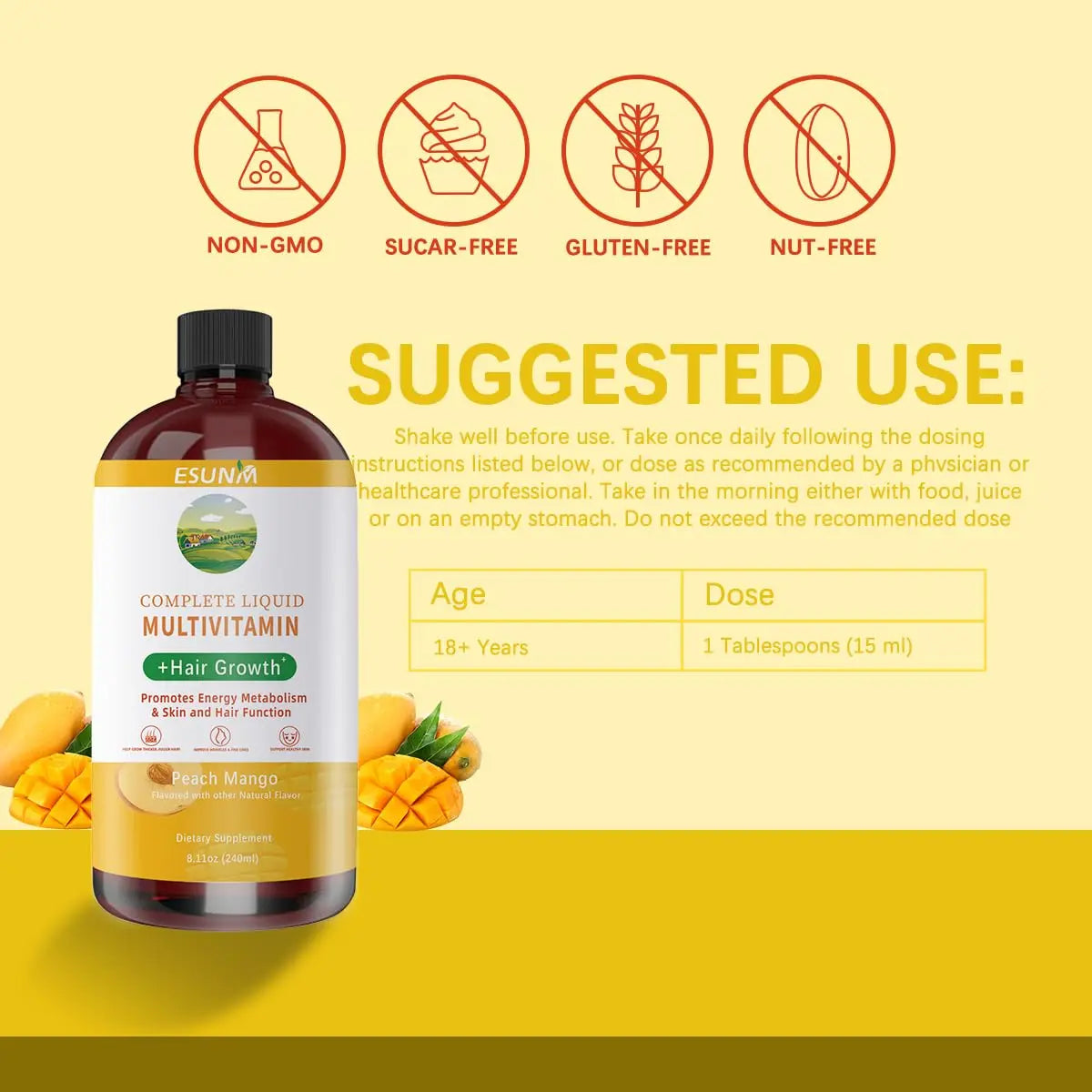 ESUNM Complete Liquid Multivitamin + Hair Growth, Promotes Energy Metabolism& Skin and Hair Function| Vitamin C D | B Vitamins | ESUNM Au supplements