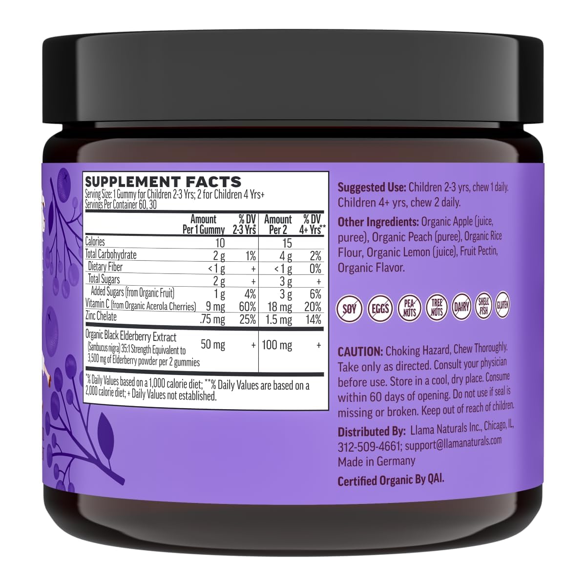 Llama Naturals Elderberry Gummies for Kids, Vegan, Organic Immune Support Supplement with Vitamin C and Zinc, Toddler Real Fruit Gummy Vitamins for Immunity