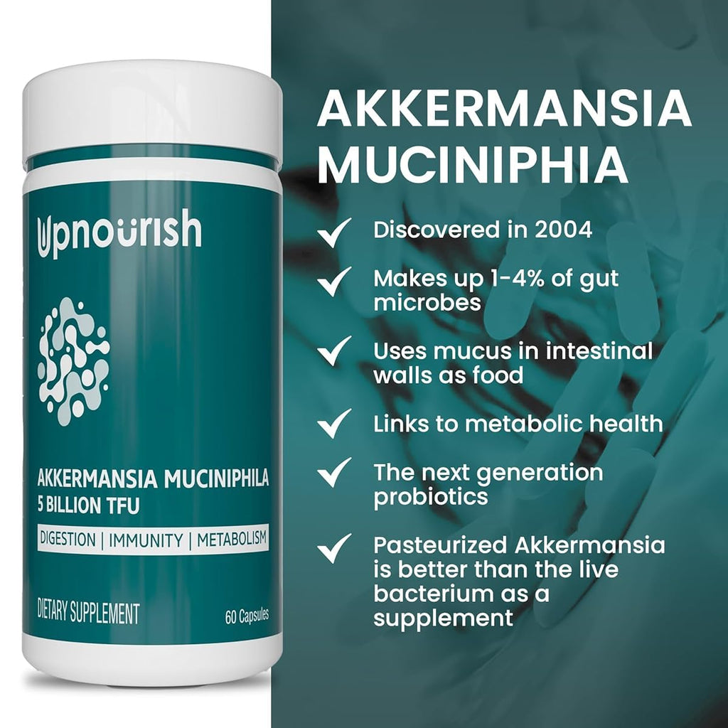 UpNourish Probiotics for GLP-1 Support, 5 Billion TFU Akkermansia Muciniphila for Digestive Health, Leaky Gut, Immunity and Metabolic Health, Prebiotics and Probiotics for Women and Men, 60 Capsules UpNourish Au supplements