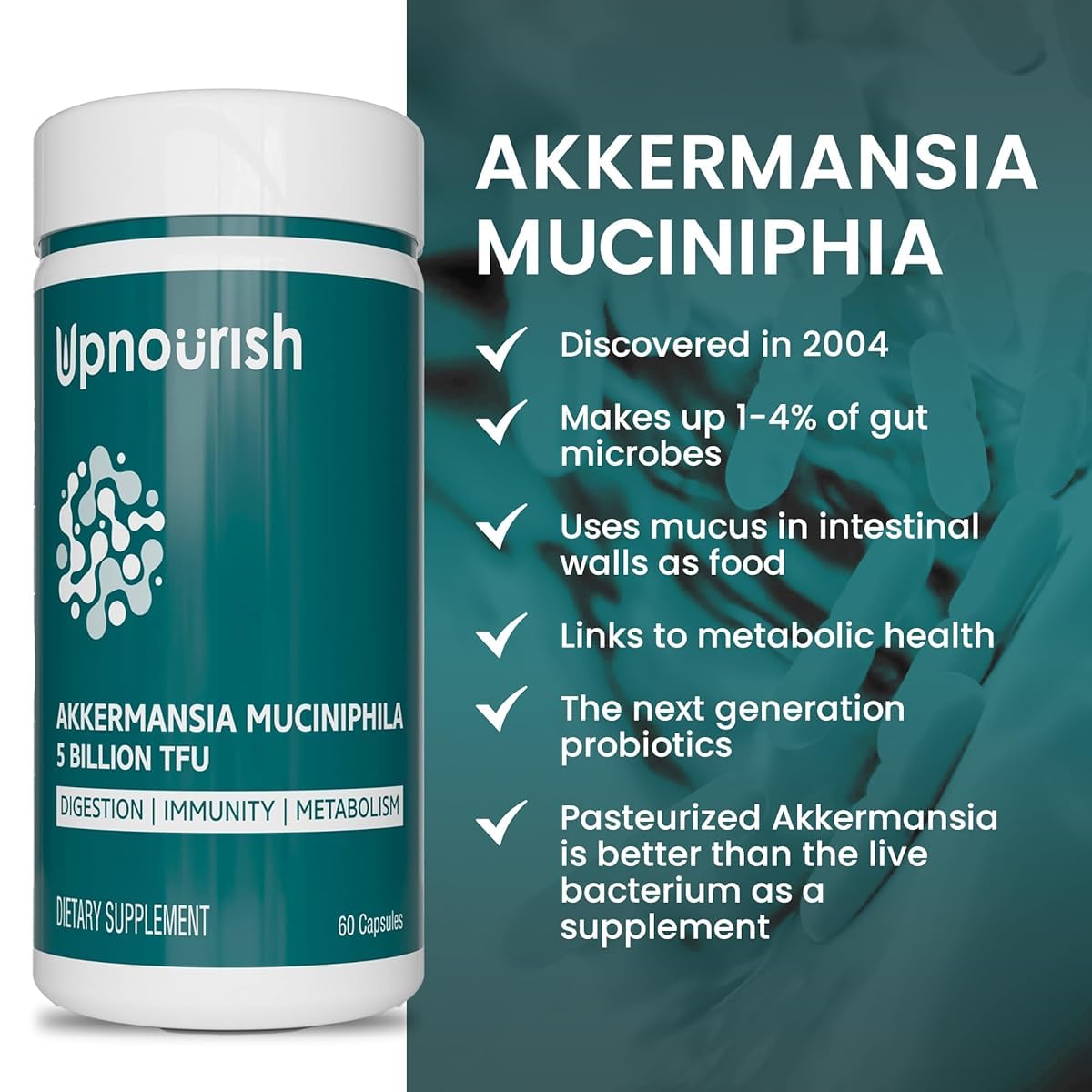 UpNourish Probiotics for GLP-1 Support, 5 Billion TFU Akkermansia Muciniphila for Digestive Health, Leaky Gut, Immunity and Metabolic Health, Prebiotics and Probiotics for Women and Men, 60 Capsules UpNourish Au supplements