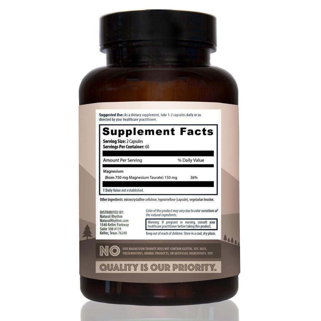Magnesium Taurate 750mg (150mg Elemental Magnesium) – 120 Vegetarian Capsules – High-Absorption Magnesium Taurate Supplement for Heart, Muscle, and Nerve Support