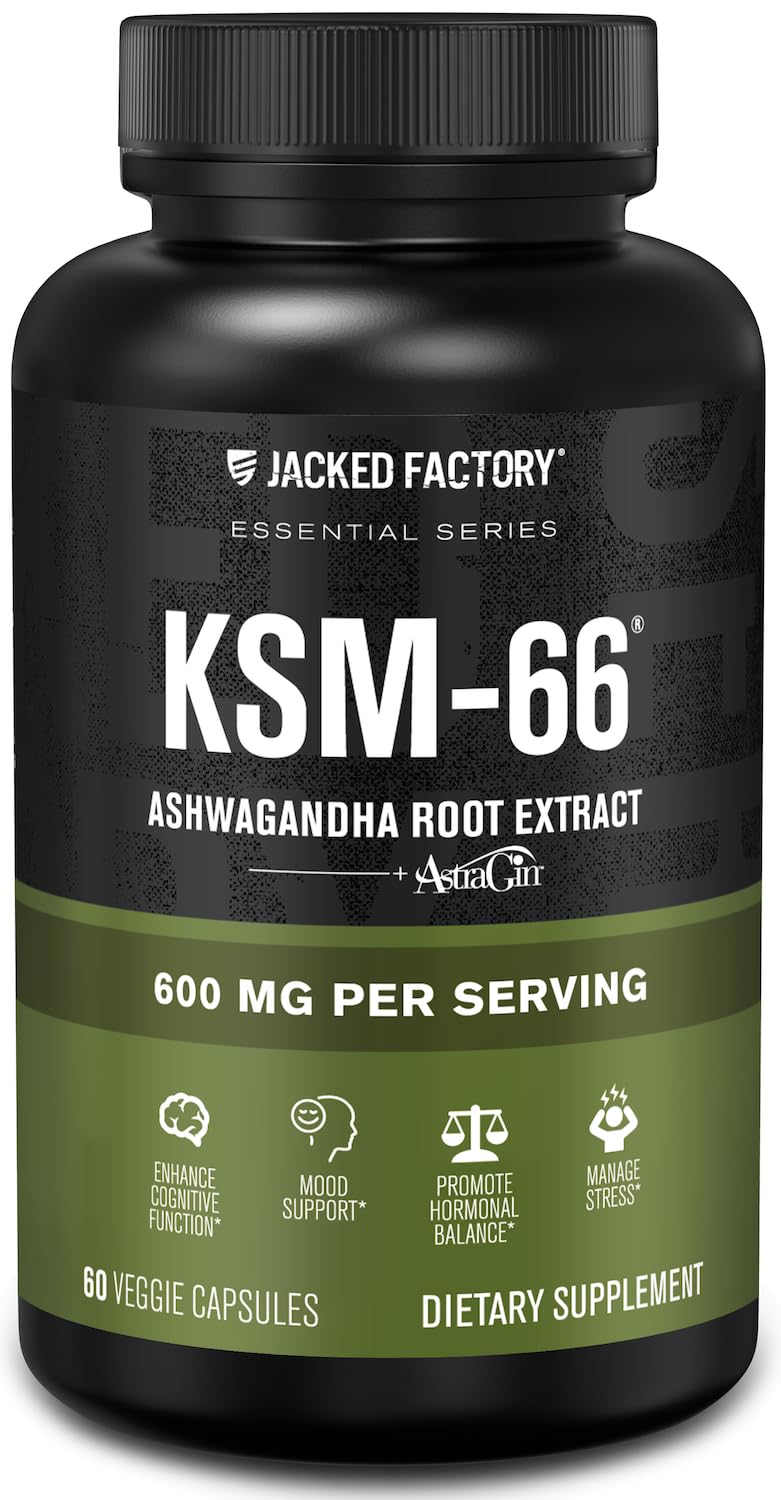 Jacked Factory Ashwagandha Root Extract (KSM-66 Ashwagandha) w/ 5% Withanolides - Supplement for Natural Stress Relief, Cognitive Function, Vitality, and Mood Support - 60 Veggie Capsules Jacked Factory Au supplements