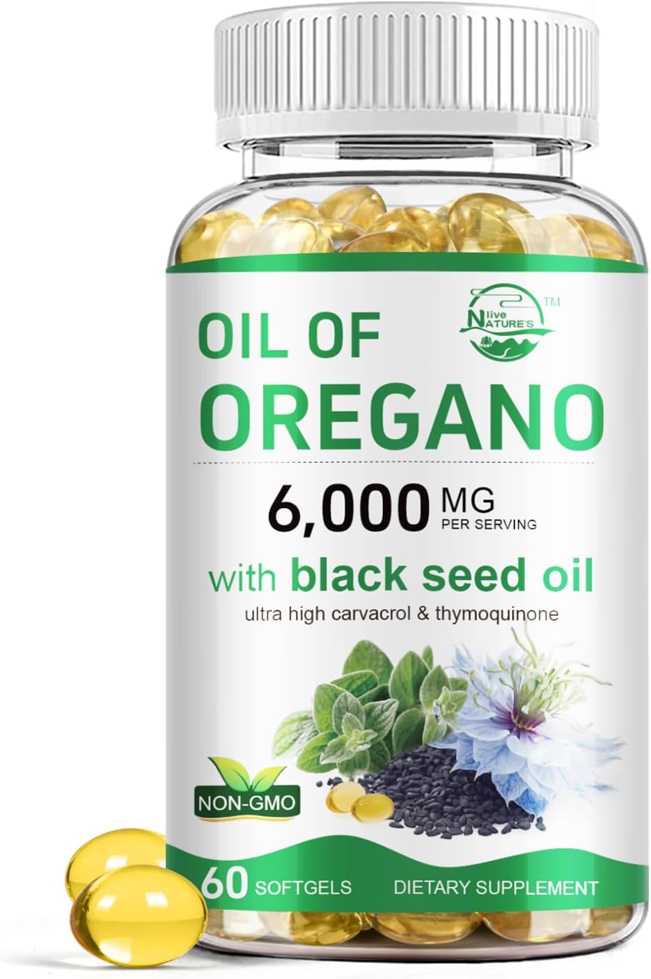 Nature's live Oil of Oregano with Black Seed Oil, 2 in 1 Oregano Supplement for Immune Health, Retains High Concentrated Carvacrol & Thymoquinone