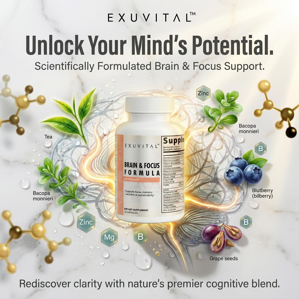 EXUVITAL Brain & Focus Formula, Veggie Capsules, 60 Count, Nootropic Supplement with Vitamins, Minerals and Proprietary Blend for Clarity, Memory, Cognition and Mental Focus EXUVITAL Au supplements