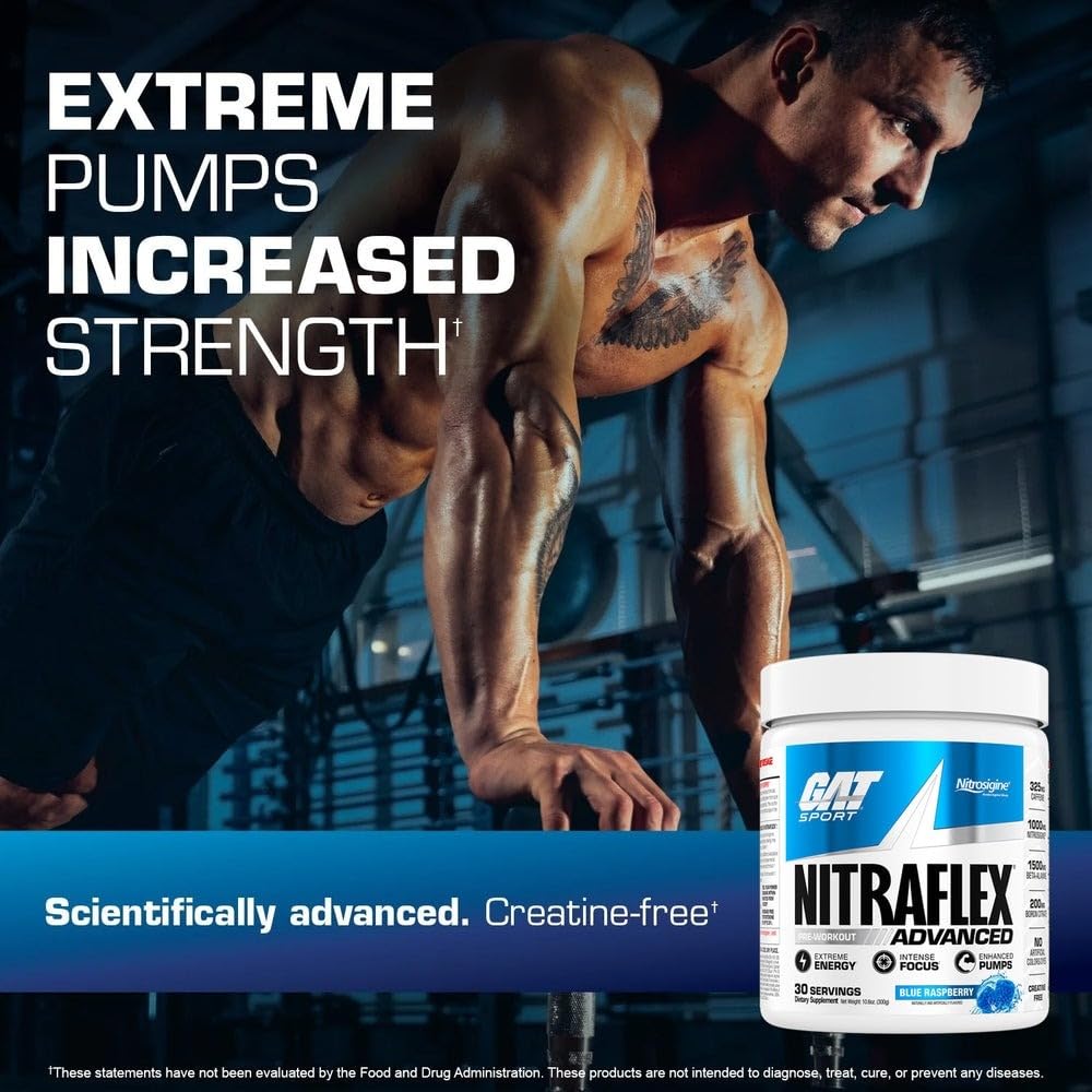 GAT SPORT Nitraflex Advanced Pre-Workout Powder, Increases Blood Flow, Boosts Strength and Energy, Improves Exercise Performance, Men & Women (Fruit Punch, 30 Servings)