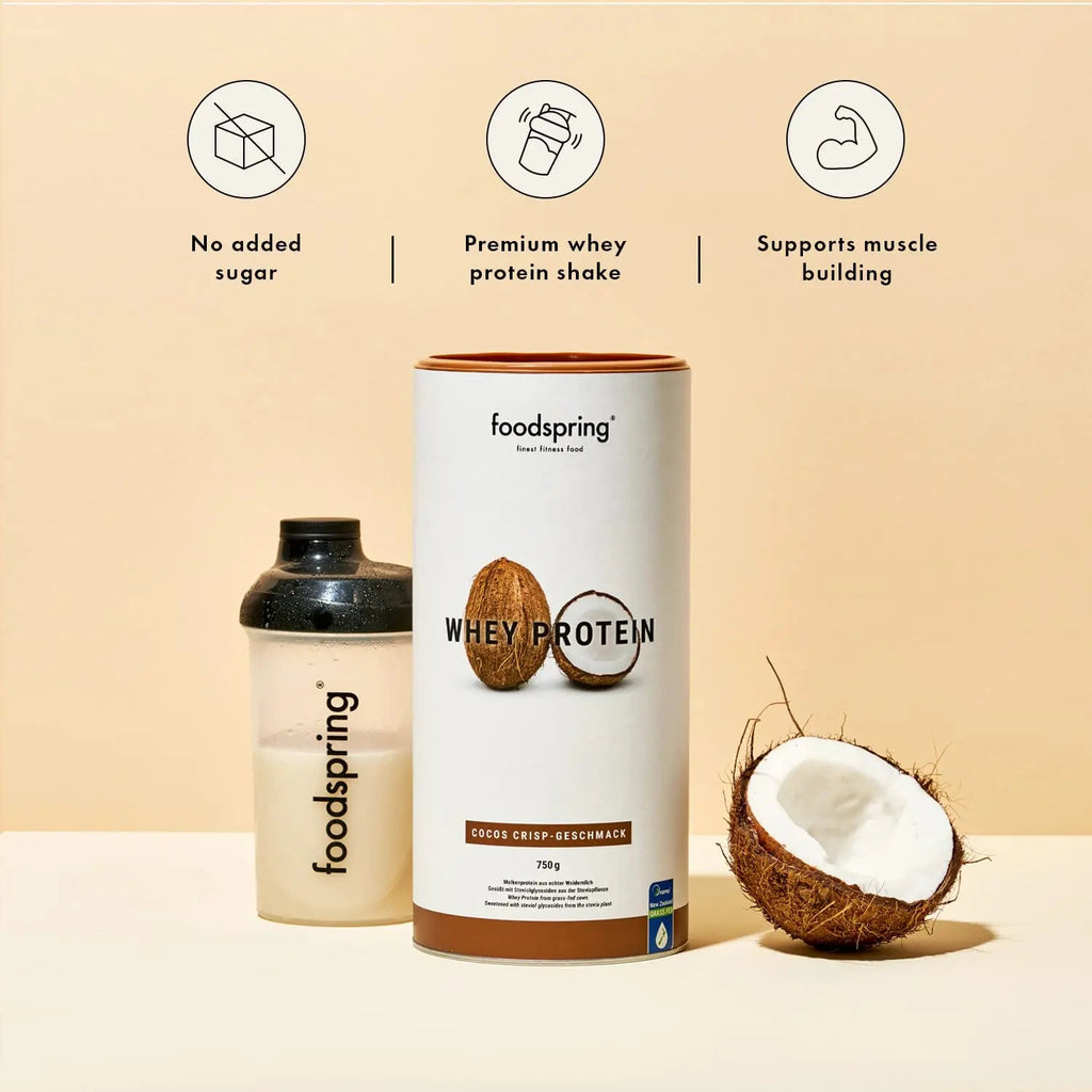 foodspring Whey Protein Powder Coconut – with 23g Protein for Muscle Building, Perfect Solubility, Made from Pasture Milk, Rich in BCAAs & EAAs - 750g foodspring Au supplements