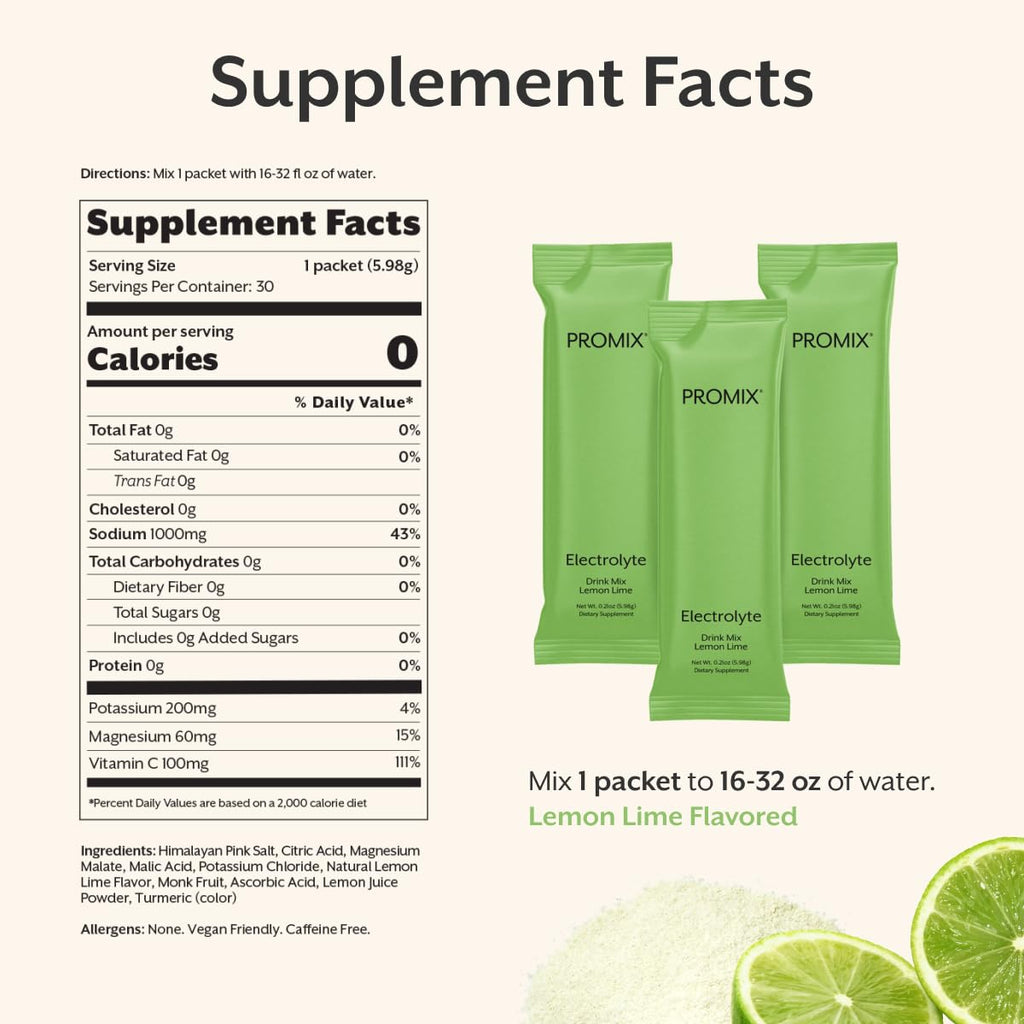 ProMix Nutrition Electrolytes Powder Hydration Packets - Himalayan Pink Salt, Magnesium, Potassium, Vitamin C - Lemon Lime, Lightly Sweetened
