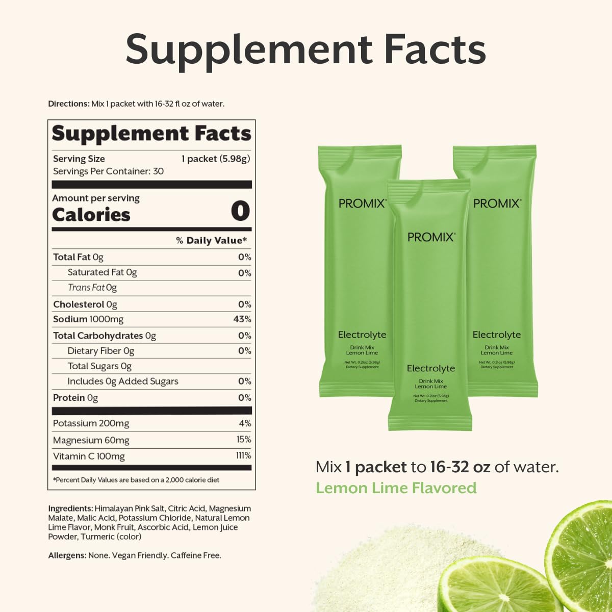ProMix Nutrition Electrolytes Powder Hydration Packets - Himalayan Pink Salt, Magnesium, Potassium, Vitamin C - Lemon Lime, Lightly Sweetened