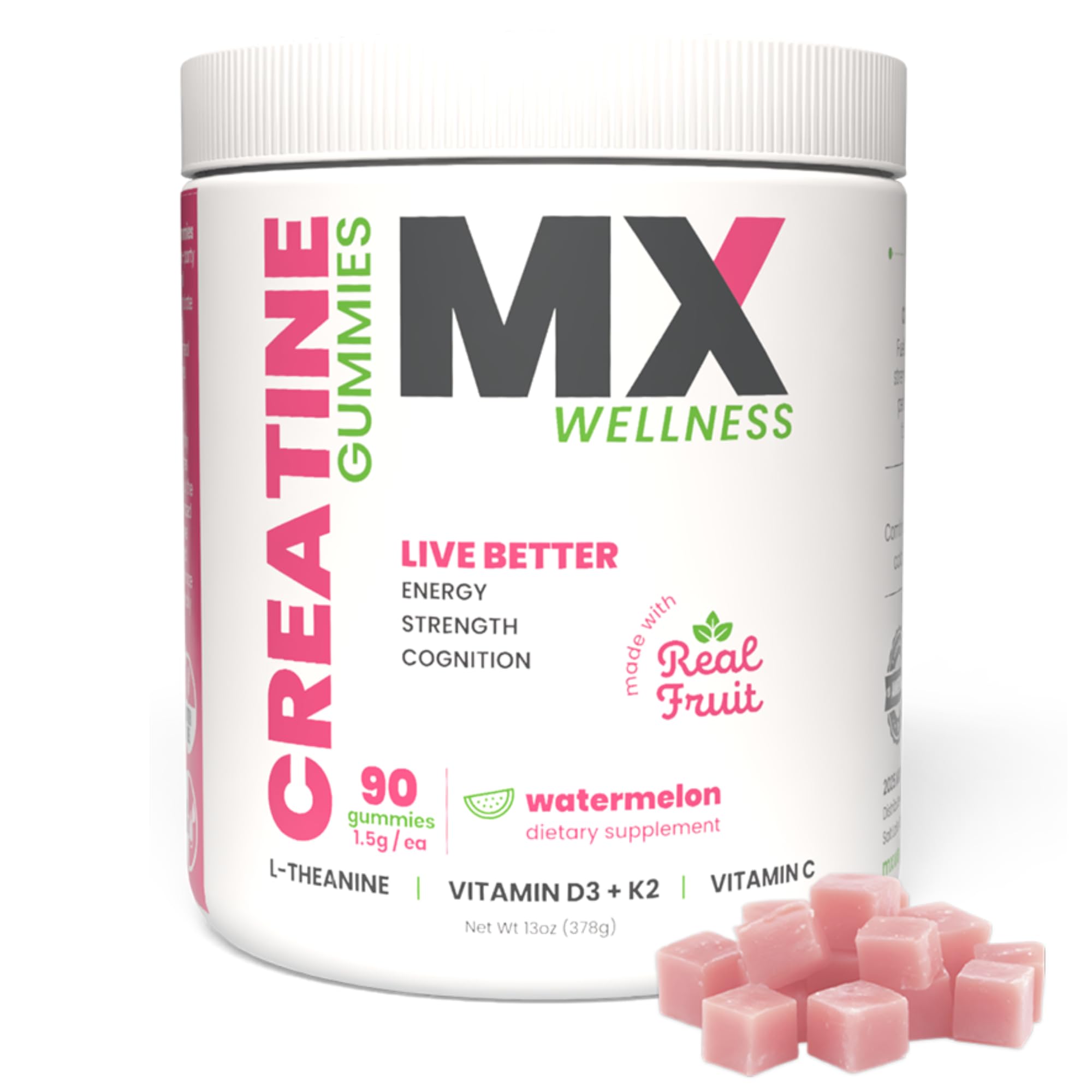 MX Wellness Creatine Monohydrate Gummies for Men & Women – Real Fruit Gummy Supplement for Muscle Growth, Recovery, Longevity, Cognitive Health & Memory – 90 Chews (90 Gummies, Watermelon) MX Wellness Au supplements