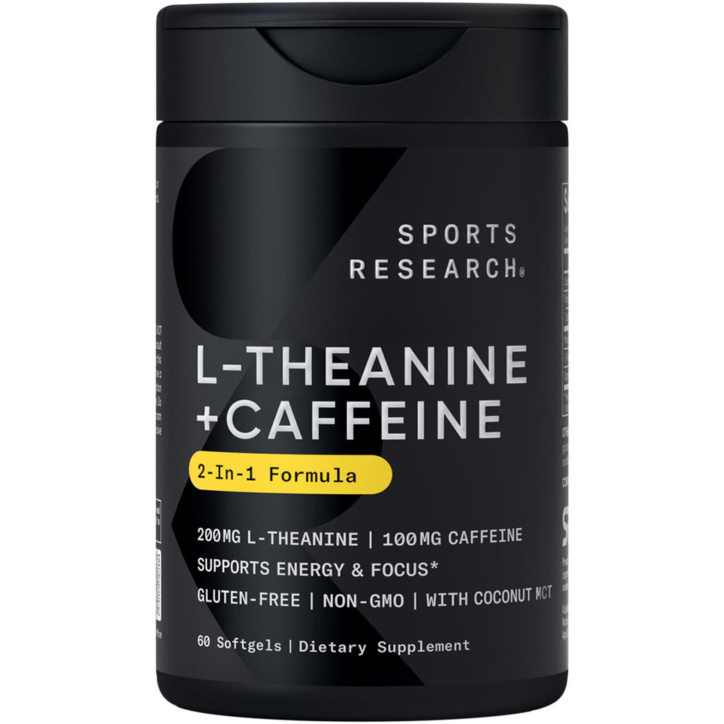 Sports Research L-Theanine Supplement with Caffeine & Coconut MCT Oil - Focused Energy, Alertness & Relaxation Without Drowsiness - 200mg L Theanine, 100mg Organic Caffeine - 60 Liquid Softgels Sports Research Au supplements