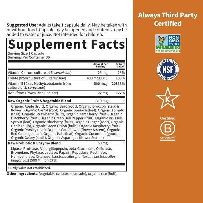 Garden of Life Vitamin Code Raw Iron Supplement - 30 Vegan Capsules, 22mg Once Daily Iron, Vitamins C, B12, Folate, Fruit, Veggies & Probiotics, Iron Supplements for Women