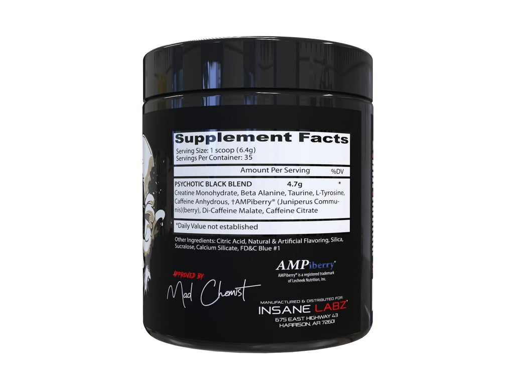 Insane Labz Psychotic Black Edition Mid Stimulant Pre Workout Powder, Energy Focus Pumps, Loaded with Creatine Beta Alanine Taurine Fueled by AMPiberry, 35 Servings (Blue Raspberry)