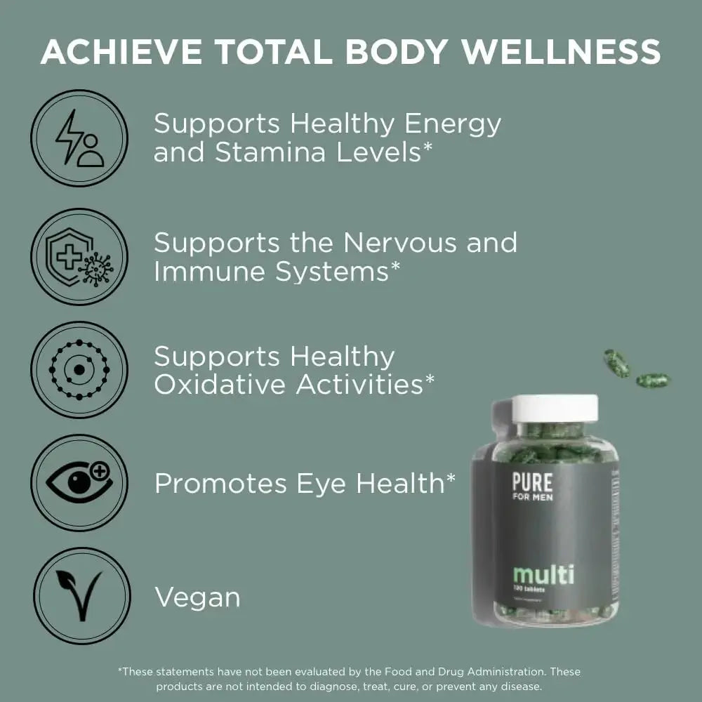 Pure for Men Multivitamin Supplement | Energy, Mood Support, Strong Bones, Antioxidants, Minerals | Vitamins A, B, C, D, Magnesium, Calcium | Pure for Men Au supplements