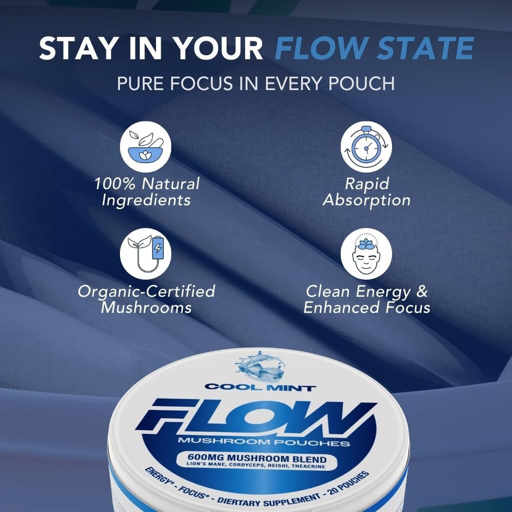 Flow Pouches Mushroom Nootropic Pouches - 600mg Organic Mushroom Energy Ultra Pouches with Lion's Mane, Reishi, Cordyceps for Focus & Clean Energy - Zero Caffeine or Sugar (5 Can Pack, Cool Mint) Flow Pouches Au supplements