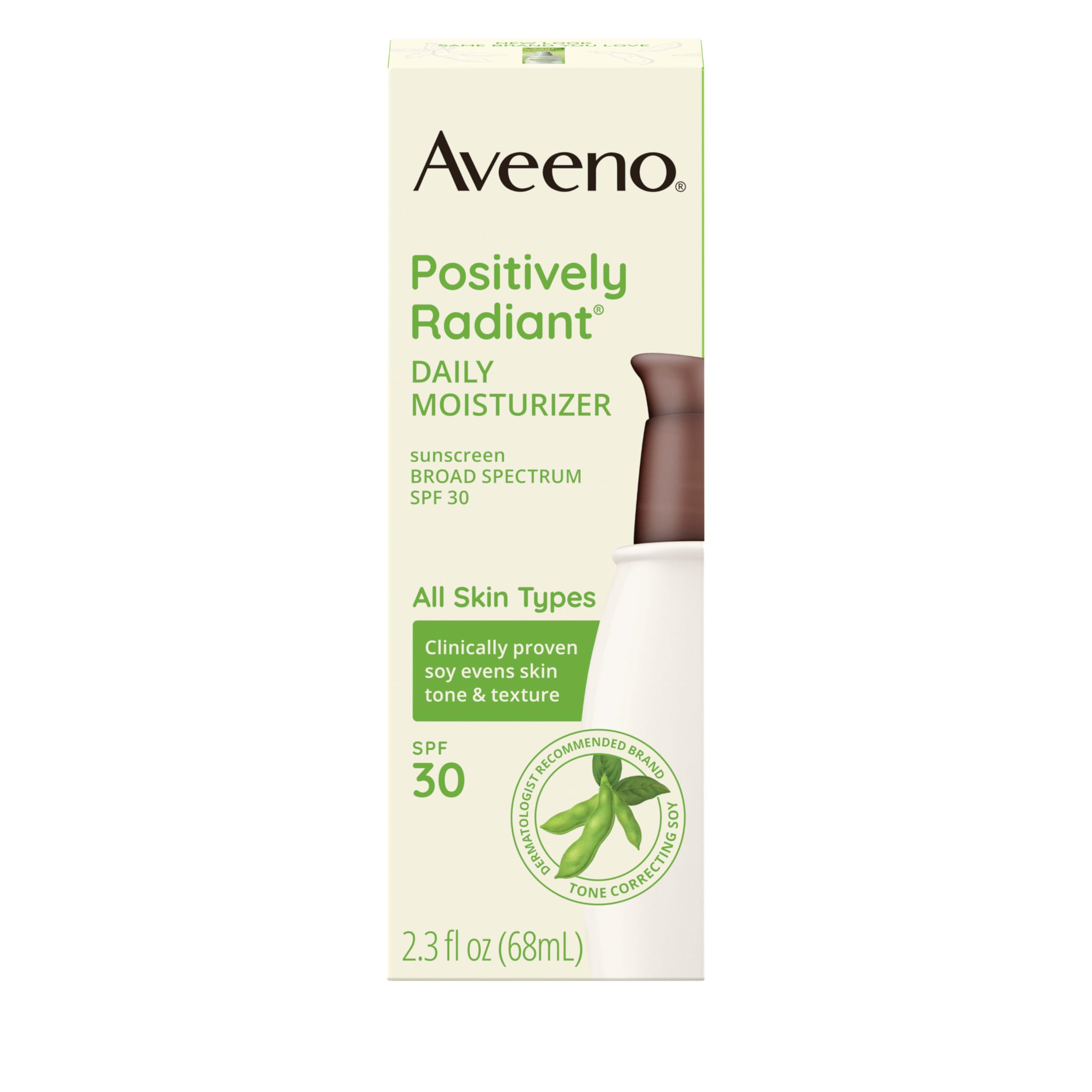 Aveeno Positively Radiant Face Moisturizer with SPF 30 Sunscreen, Hydrating Facial Moisturizer with Soy Extract to Visibly Improve Skin Tone and Texture