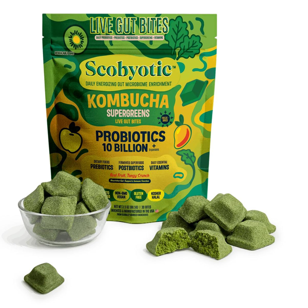Scobyotic® Kombucha Supergreens Live Gut Bites – 10 Billion CFU Probiotics + Prebiotics & Postbiotics – Kombucha & Supergreens – Freeze-Dried Probiotic Supplement Scobyotic Au supplements