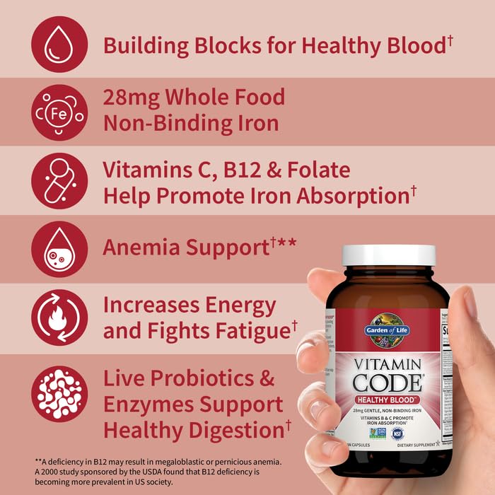 Garden of Life Vitamin Code Healthy Blood - Iron Supplement for Women, 60 Vegan Capsules, with Vitamins B, C, Trace Minerals