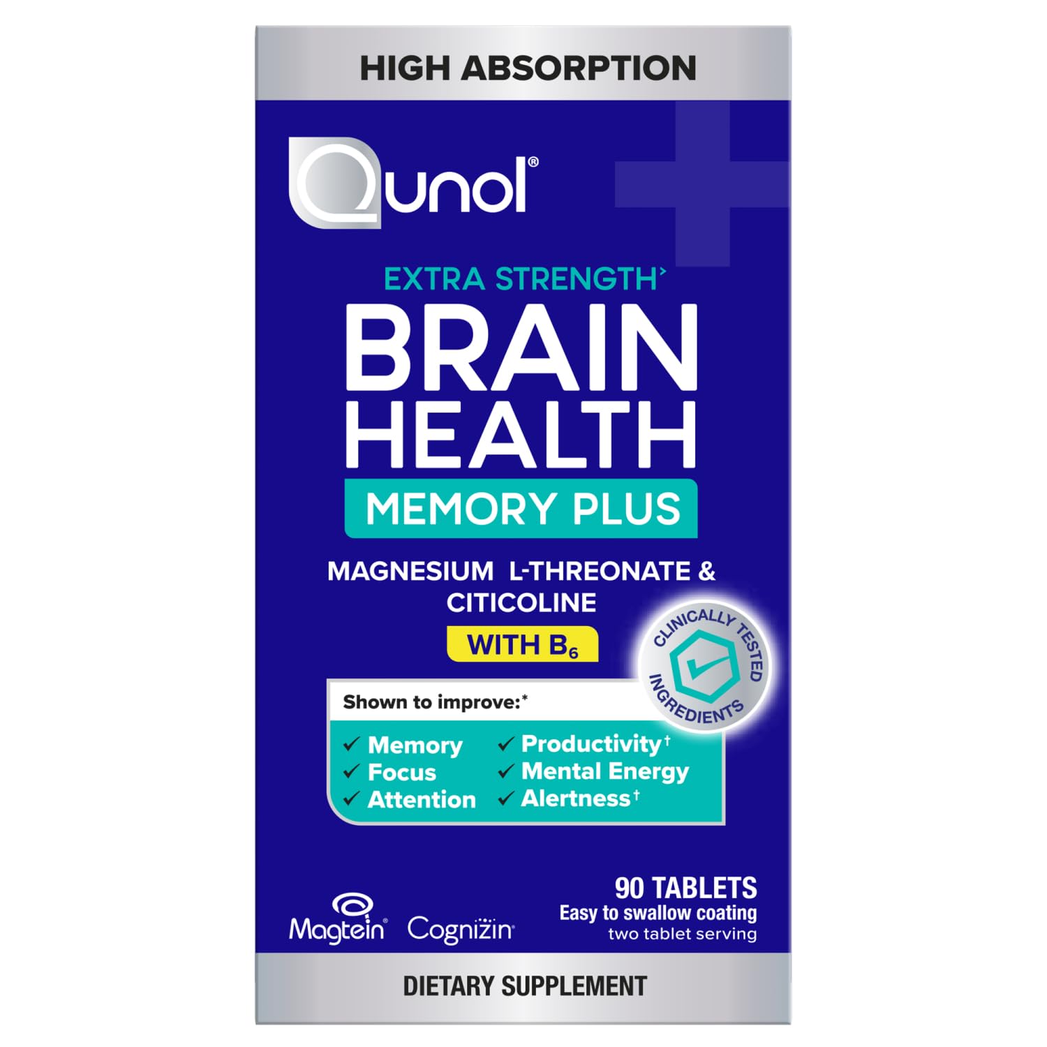 Qunol Brain Health Memory Plus with B6, Magnesium L-Threonate & Citicoline, Clinically Tested Ingredients to Improve Memory, Focus, Attention and Productivity, 90 Count Qunol Au supplements