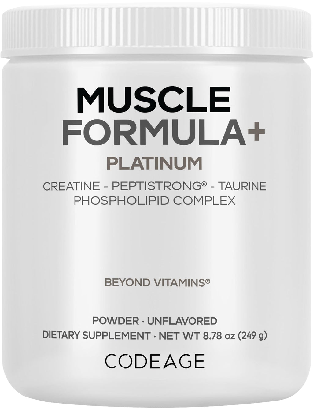 Codeage Muscle Formula+ Platinum Supplement - Creatine Monohydrate, PeptiStrong Fava Bean Protein Hydrolysate, Taurine, Vitamin D3, Liposomal Delivery - Non-GMO - Unflavored Protein Powder - 8.78 Oz Codeage Au supplements