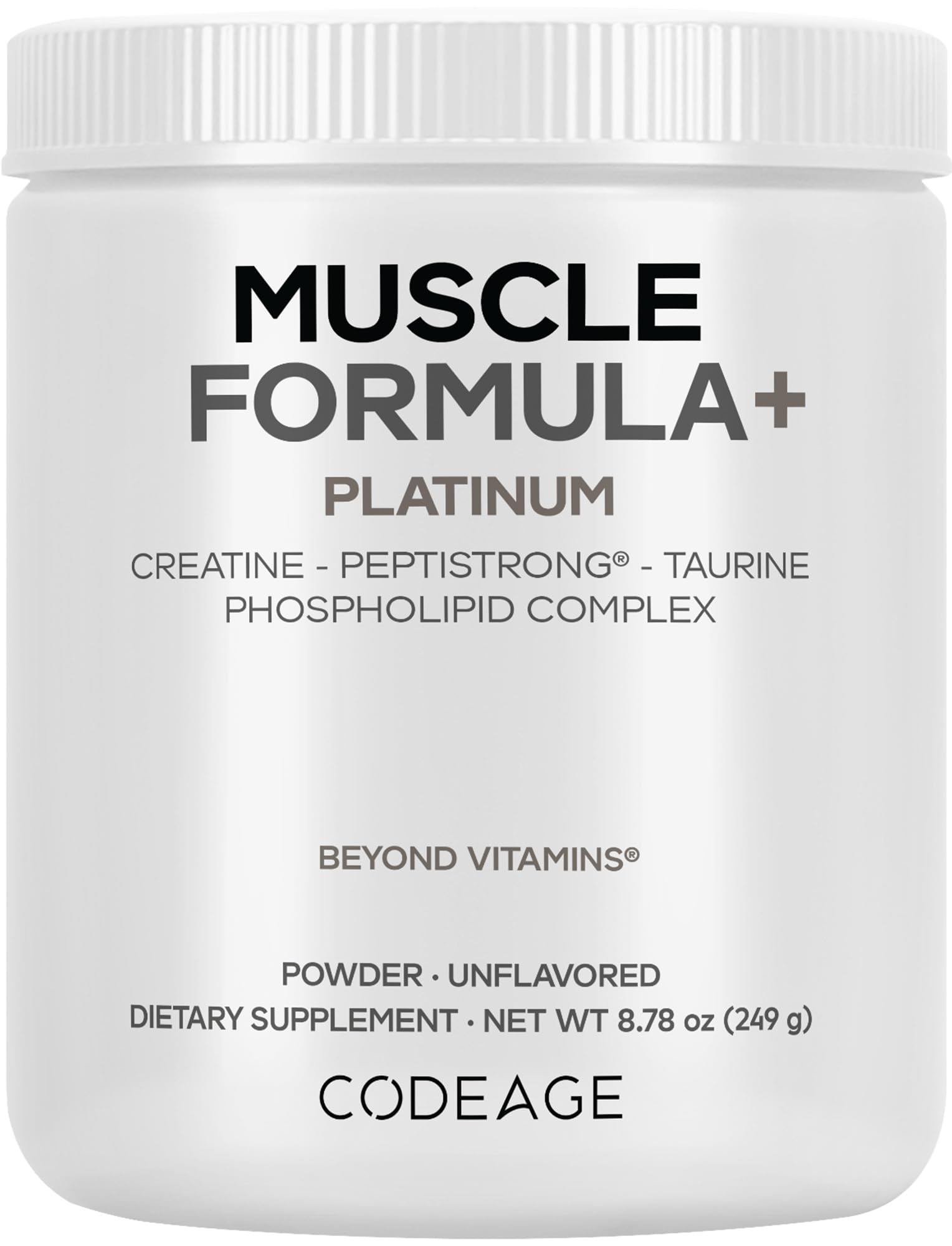 Codeage Muscle Formula+ Platinum Supplement - Creatine Monohydrate, PeptiStrong Fava Bean Protein Hydrolysate, Taurine, Vitamin D3, Liposomal Delivery - Non-GMO - Unflavored Protein Powder - 8.78 Oz Codeage Au supplements