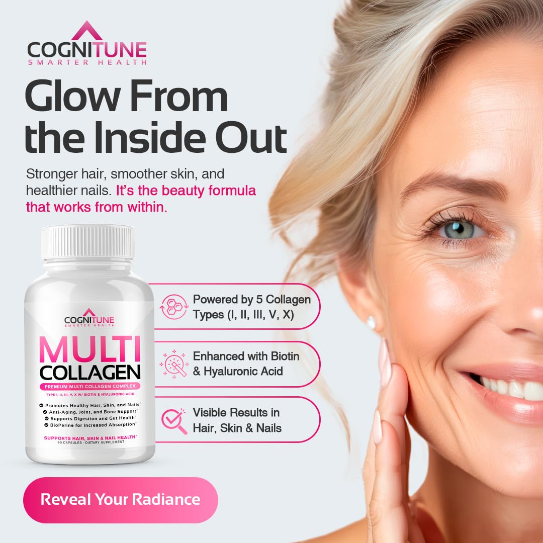 CogniTune Multi Collagen Peptides for Women with Biotin, Hyaluronic Acid, Vitamin C - 5 Types I II III V X Colageno Hidrolizado - 2000mg Hair Skin Nails Joints Support - 120 Capsules CogniTune Au supplements