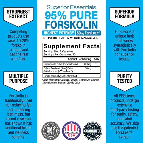 PEScience Forskolin Capsules, 95% Pure Forskolin Extract, Patented ForsLean, 60 Count PEScience Au supplements