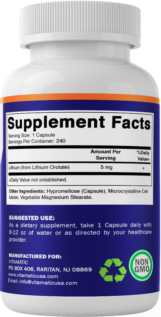 Vitamatic Lithium Orotate 5mg, 240 Veggie Capsules, Non-GMO, Gluten Free.