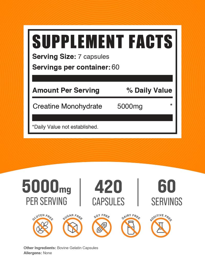 BulkSupplements.com Creatine Monohydrate Capsules - Micronized Creatine Pills - Gluten Free, 7 Capsules per Serving